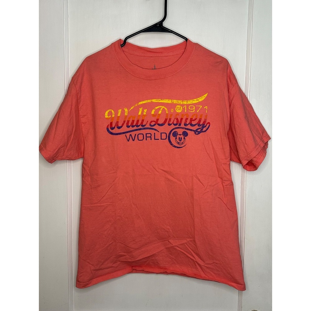Disney Parks Size L Coral Pink Orange Colorful‎ Logo Walt Disney World T-Shirt